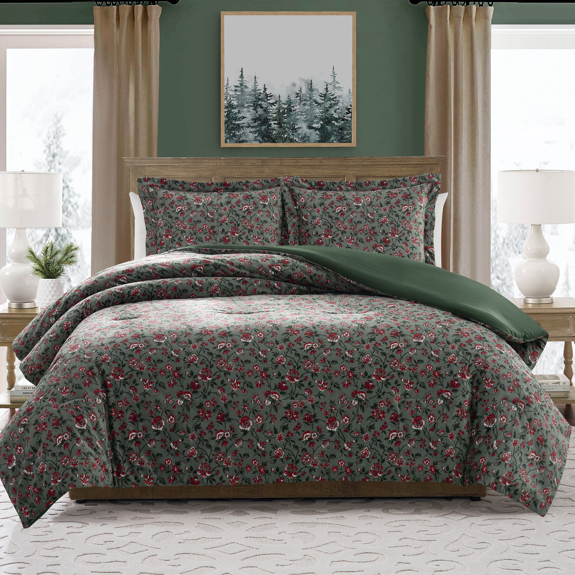 My Texas House Stacy 3-Piece Green Floral Printed Velvet Comforter Set, Full/Queen