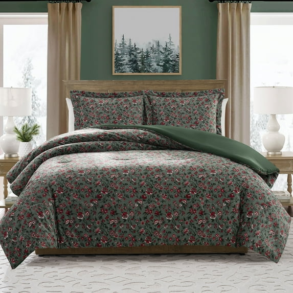 My Texas House Stacy 3-Piece Green Floral Printed Velvet Comforter Set, Full/Queen