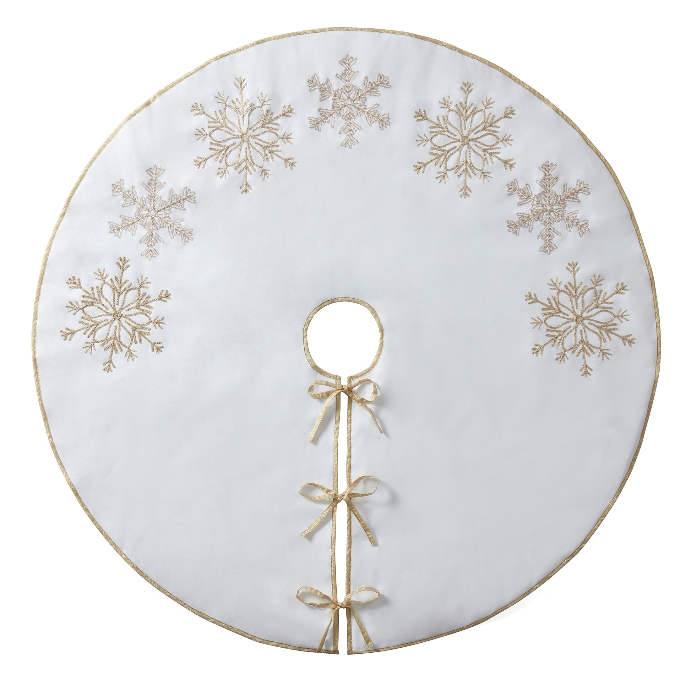 My Texas House Stefan Ivory/Gold Embroidered Snowflake Christmas Tree Skirt, 52":