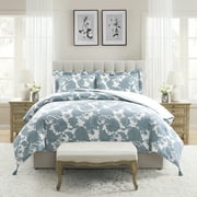 My Texas House Veronica 3-Piece Blue Floral Cotton Slub Comforter Set, Full/Queen