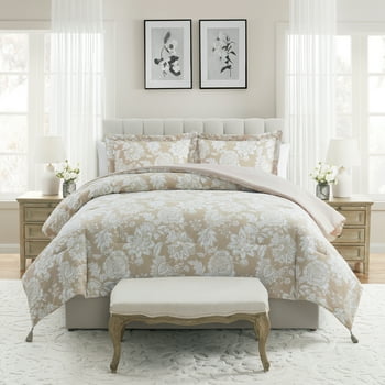 My Texas House Veronica 3-Piece White Pepper Taupe Floral Cotton Slub Comforter Set, Full/Queen