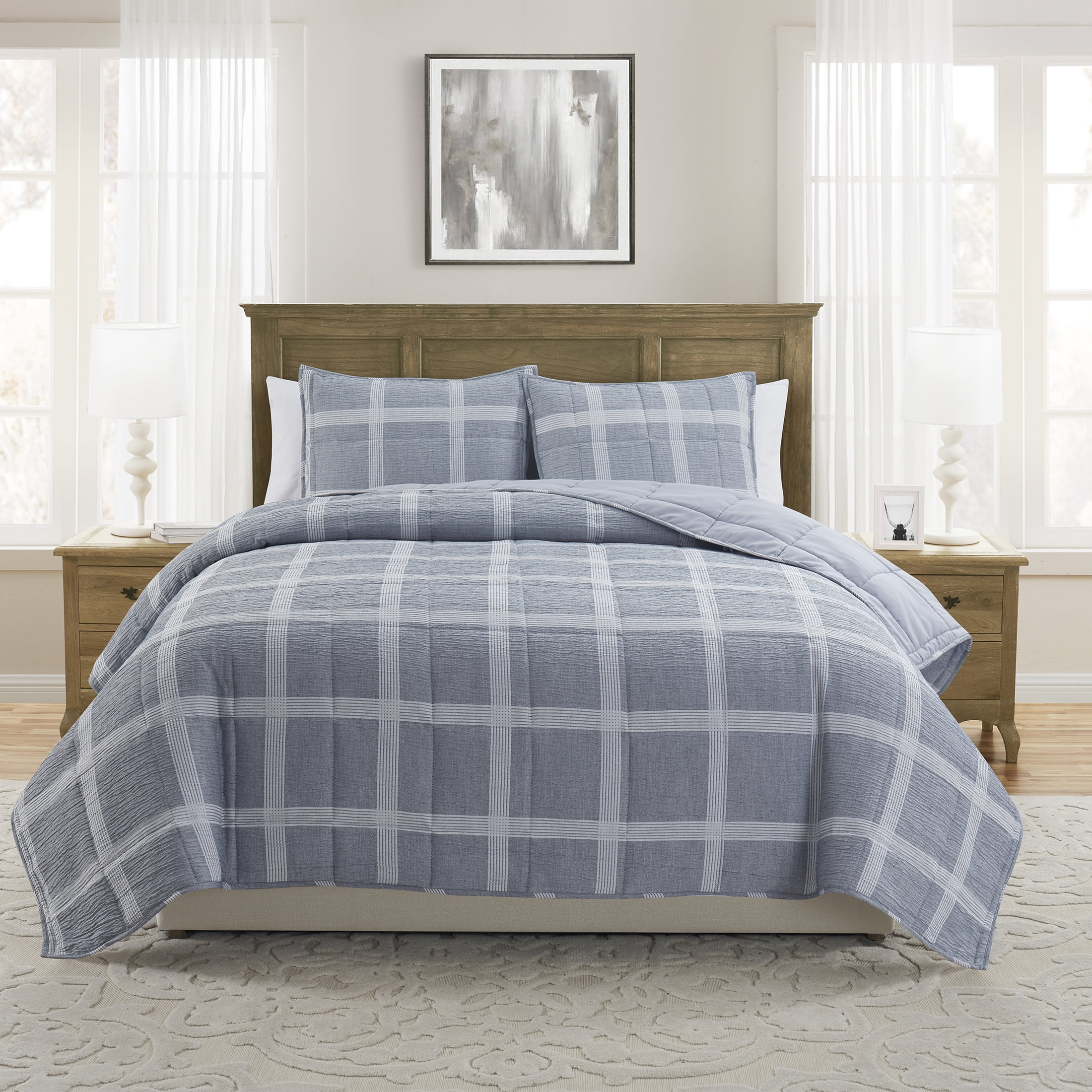 Shop My Texas House Waldin 3Piece Dark Blue Windowpane Plaid Box Quilt