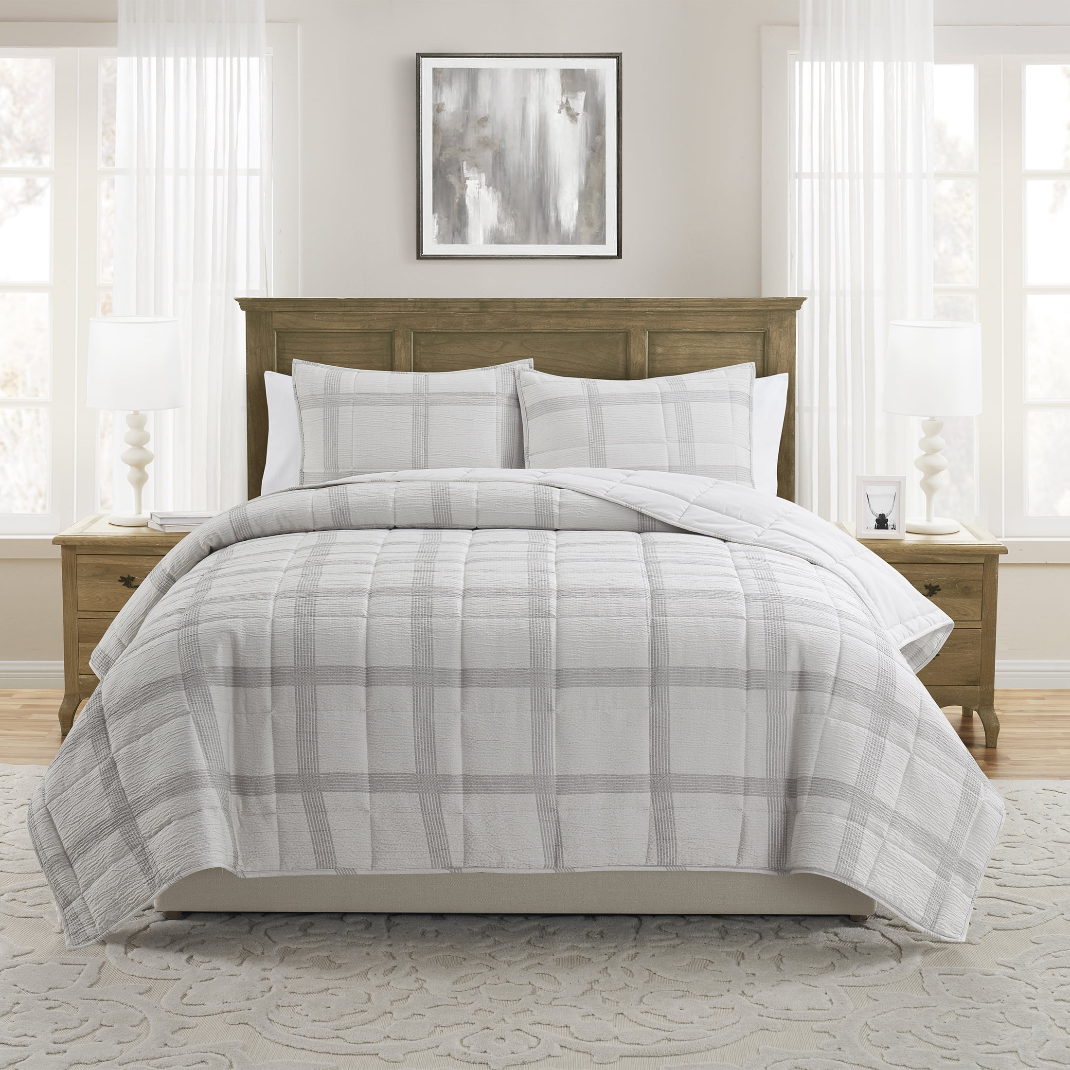 My Texas House Waldin 3Piece Light Grey Windowpane Plaid Box Quilt Set