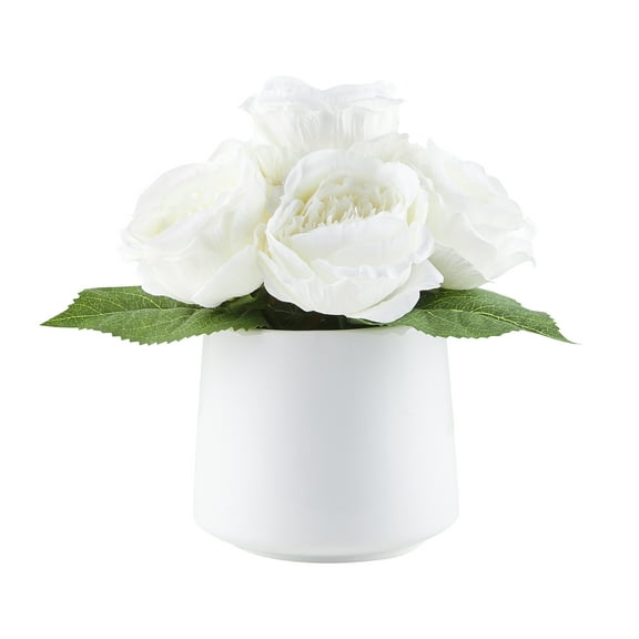 My Texas House White Faux Rose Floral in White Ceramic Vase, 13" Height