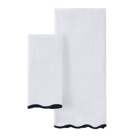 My Texas House Whitney Scallop Border Cotton Hand and Bath Towels, White/Black (2 Count)
