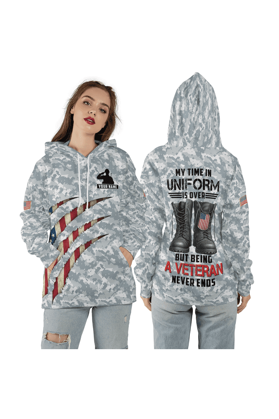 My Time In Uniform Is Over Custom 3D Hoodie - Military Camo Army Boots & American Flag Pullover Sweatshirt - Military-Inspired 3D Printed Hoodie
