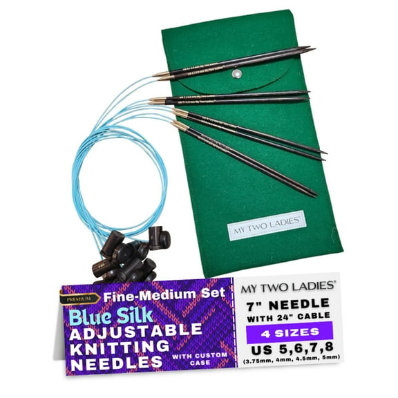 My Two Ladies Blue Silk Fine-Medium Set - Adjustable Knitting Needles  | 4 SIZES | US5, US6, US7, US8 | w/case
