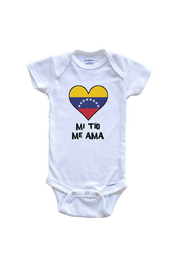 My Uncle Loves Me Spanish Language Venezuela Flag Heart Baby Bodysuit - Mi tío me ama, 0-3 Months White