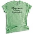thumbnail image 1 of My Unicorn Ate My Homework T-shirt, Unisex Women's Men's Shirt, Funny Unicorn T-shirt, Heather Apple Green, Medium, 1 of 6