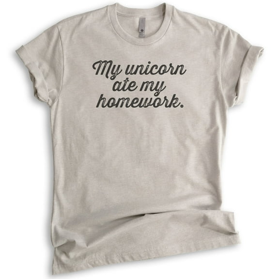 My Unicorn Ate My Homework T-shirt, Unisex Women's Men's Shirt, Funny Unicorn T-shirt, Light Silk Gray, X-Large