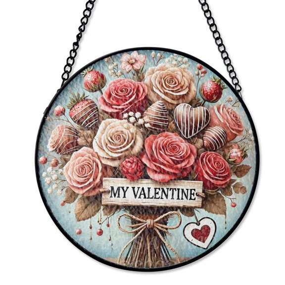 My Valentine Roses And Chocolate Stained Glass Suncatcher, UV Printed Glass Decor, Classic Love Gift, Round