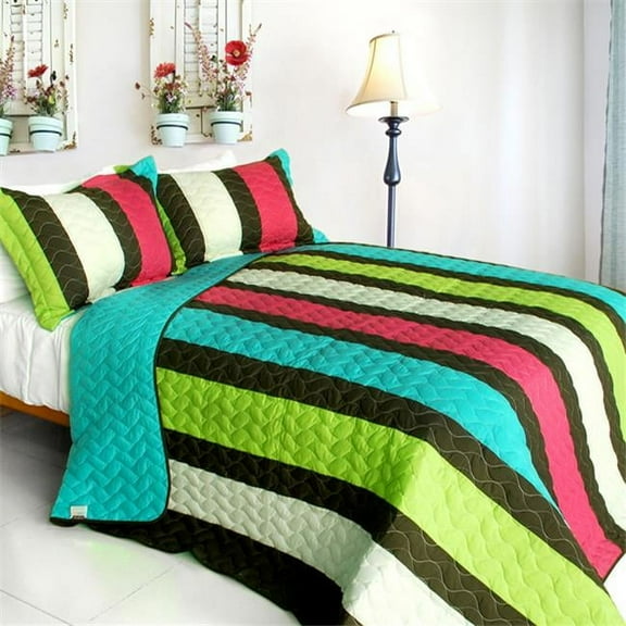 My Way - 3 Pieces Vermicelli-Quilted Patchwork Quilt Set Full & Queen Size - Green