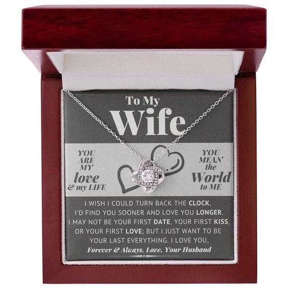 My Wife You Mean The World To Me - Love Knot Necklace - White/Yellow Plated - Message Card & Gift Box