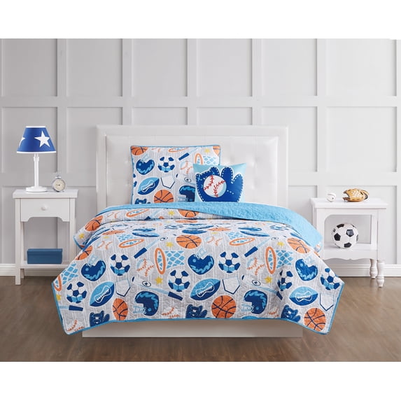 My World All Star Grey and Blue Polyester 4-Piece Full Quilt Set, Sports Themed, for Kids, Oeko-TEX Certified