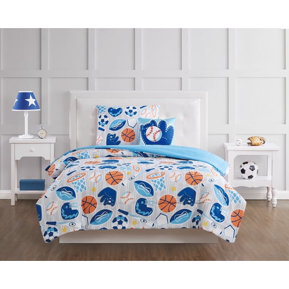 My World All Star Grey and Blue Polyester 3-Piece Twin Comforter Set, Sports Themed, for Kids, Oeko-TEX Certified