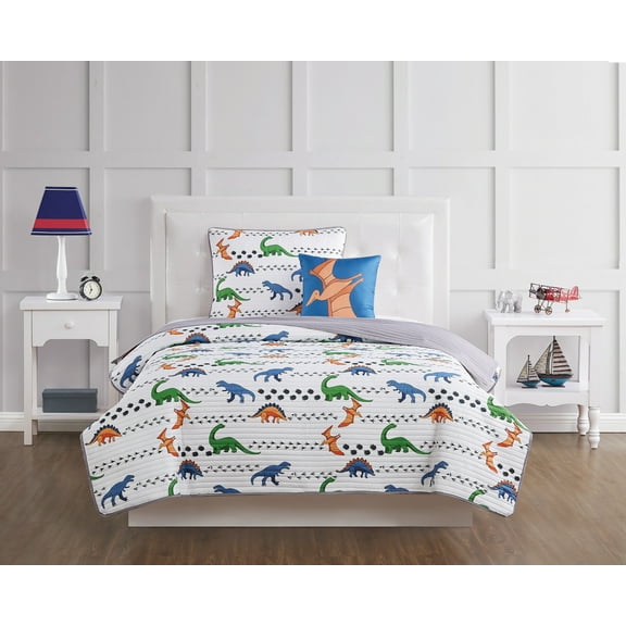 My World Dino Tracks 100% Microfiber Polyester 3 Piece Twin Quilt Set, All Season, Adult and Teen Sizes, OEKO-TEX Certified