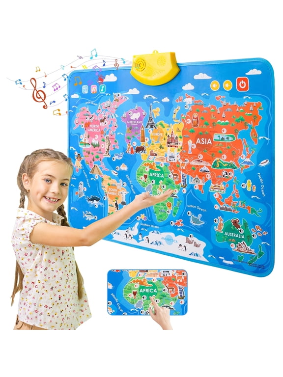 Interactive World Map for Kids Learning and Educational Toys, Talking Electronic Kids World Map Poster, Geography Electronic Games Ages 3 to 12 Years Old, Custom Talking Gifts for Boys & Girls