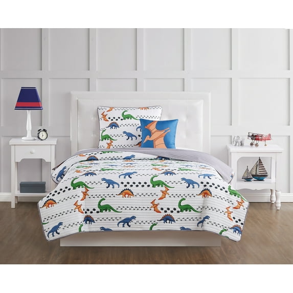 My World Dino Tracks Multi Polyester 4-Piece Full Quilt Set, Dinosaurs Themed, for Kids, Oeko-TEX Certified