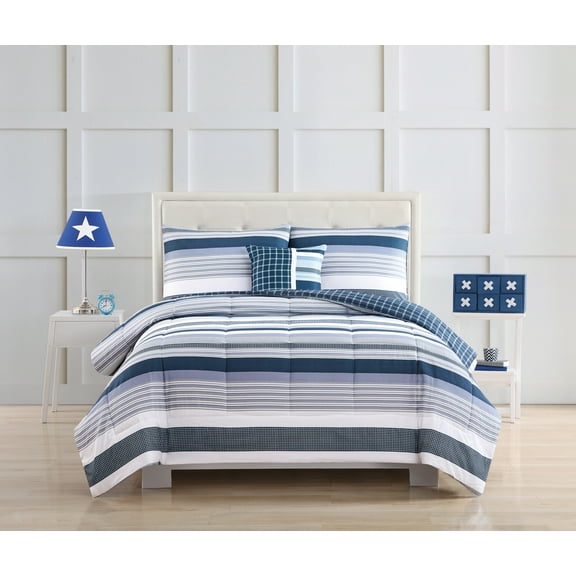 My World Mason Stripe Blue Polyester 3-Piece Twin Comforter Set, stripe themed, for Kids, OEKO-TEX Certified