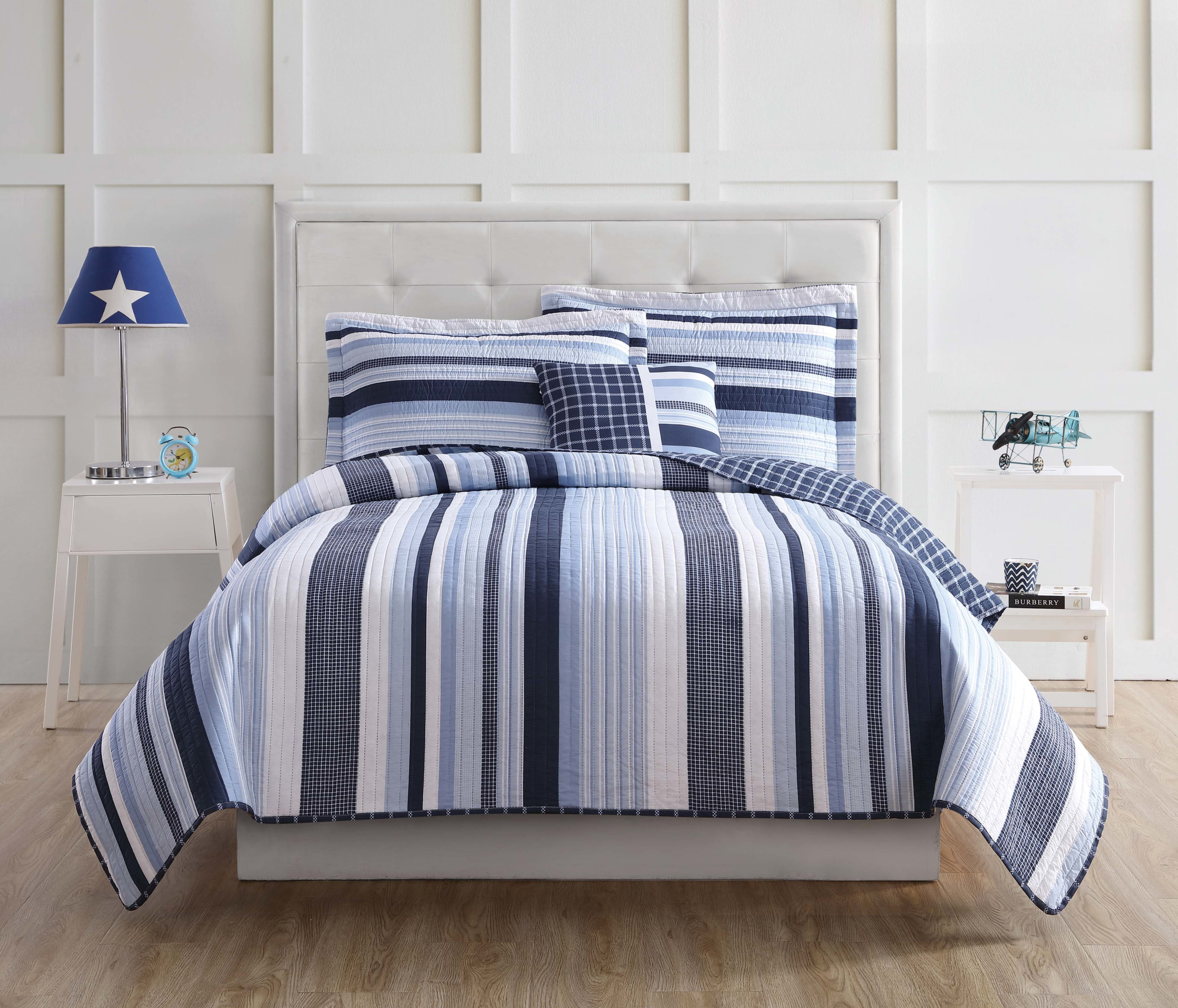 My World Mason Stripe Blue  and  White Polyester 3-Piece Twin Quilt Set, stripe themed, for Kids, OEKO-TEX Certified
