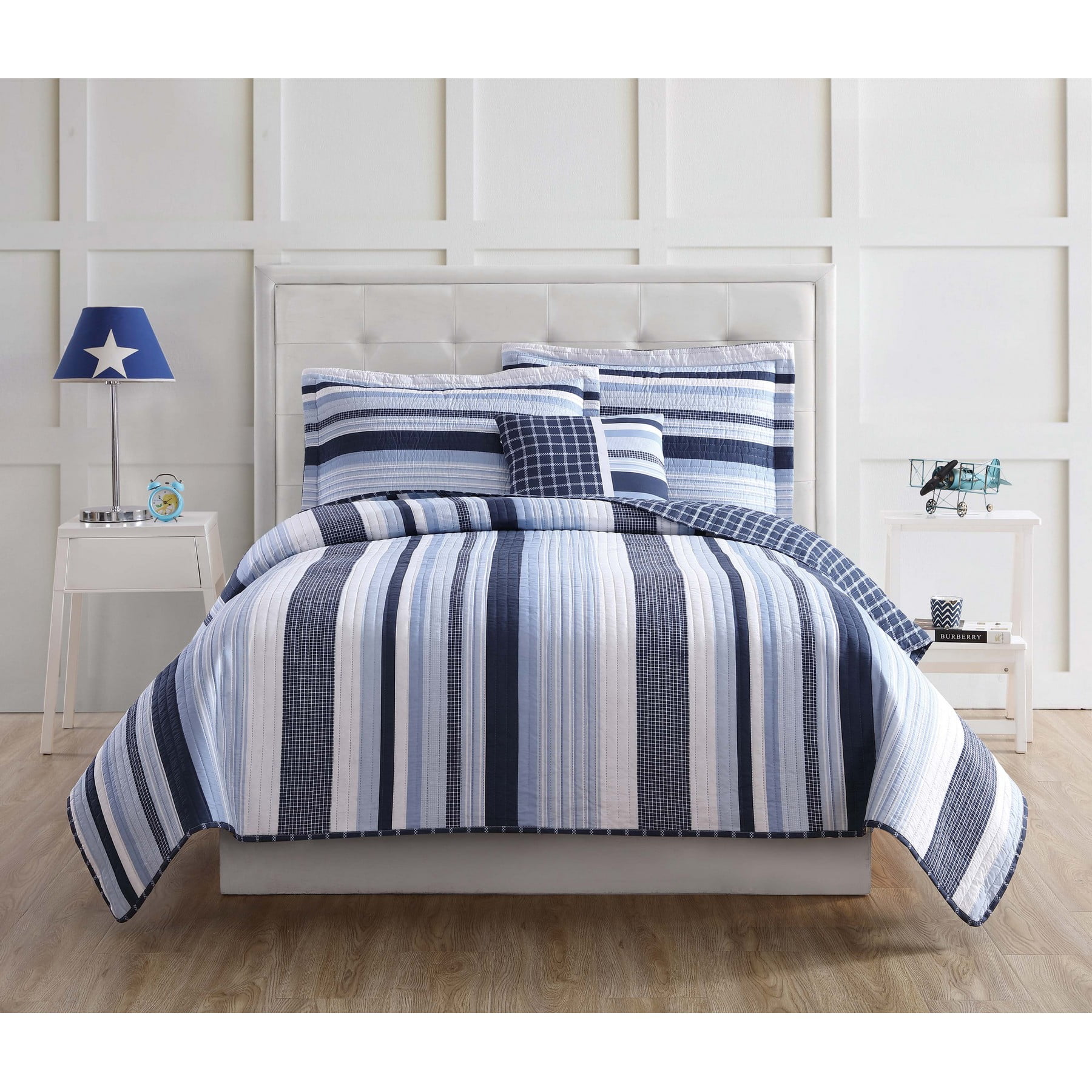 Blue Striped Twin Microfiber Reversible Comforter Set