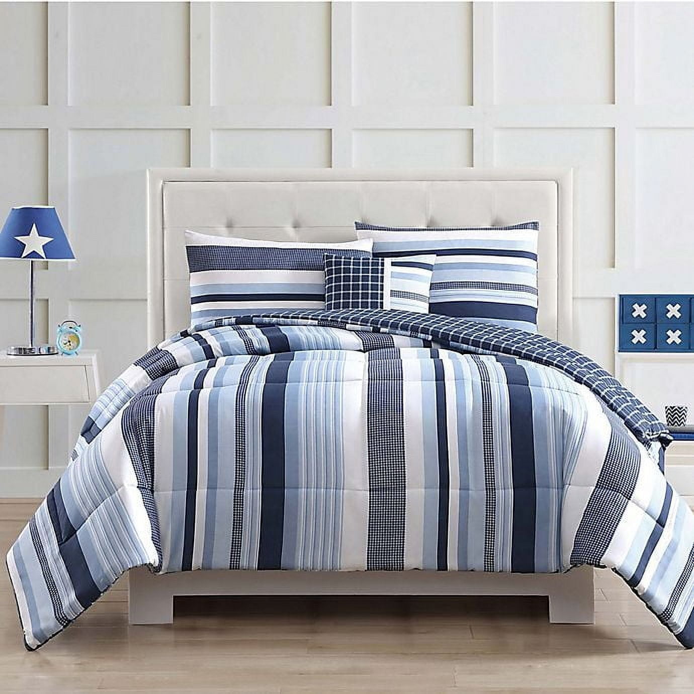 Full Blue Microfiber Nautical Stripe Comforter Set