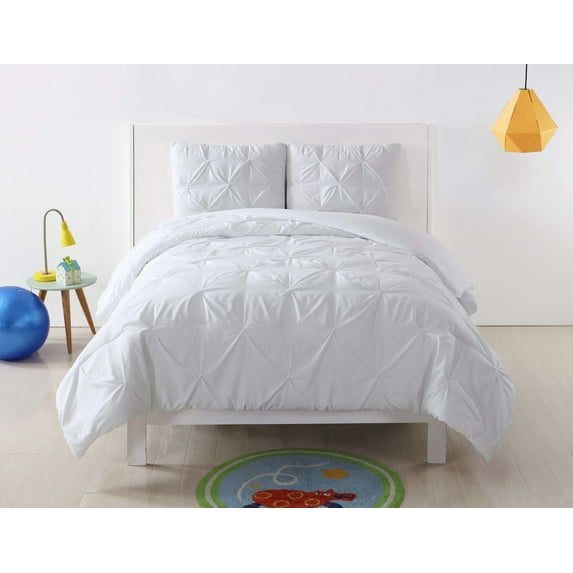 My World Pleated Solid Comforter Sets White Polyester 3-Piece Full/Queen Comforter Set, solid color themed, for Kids, OEKO-TEX Certified