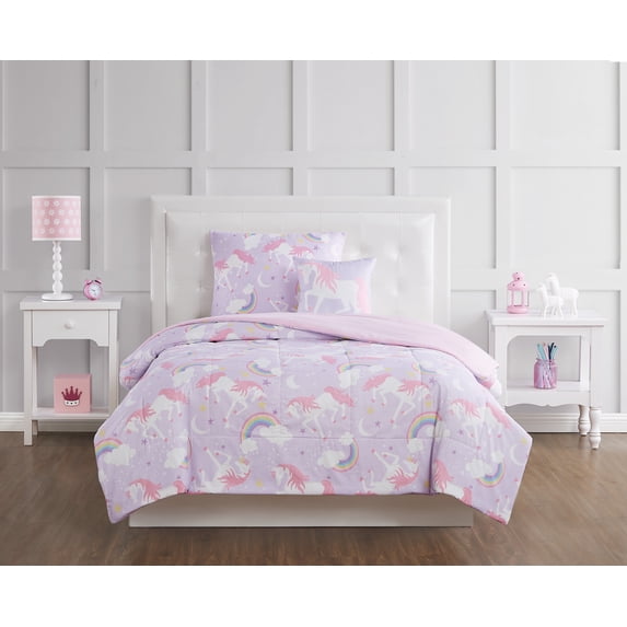 My World Rainbow Unicorn Purple and Pink Polyester 4-Piece Full Comforter Set, Unicorns Themed, for Kids, Oeko-TEX Certified