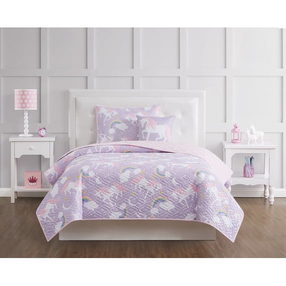 My World Rainbow Unicorn 100% Microfiber Polyester 4 Piece Full Quilt Set in Purple and Pink, All Season, Adult and Teen Sizes, OEKO-TEX Certified