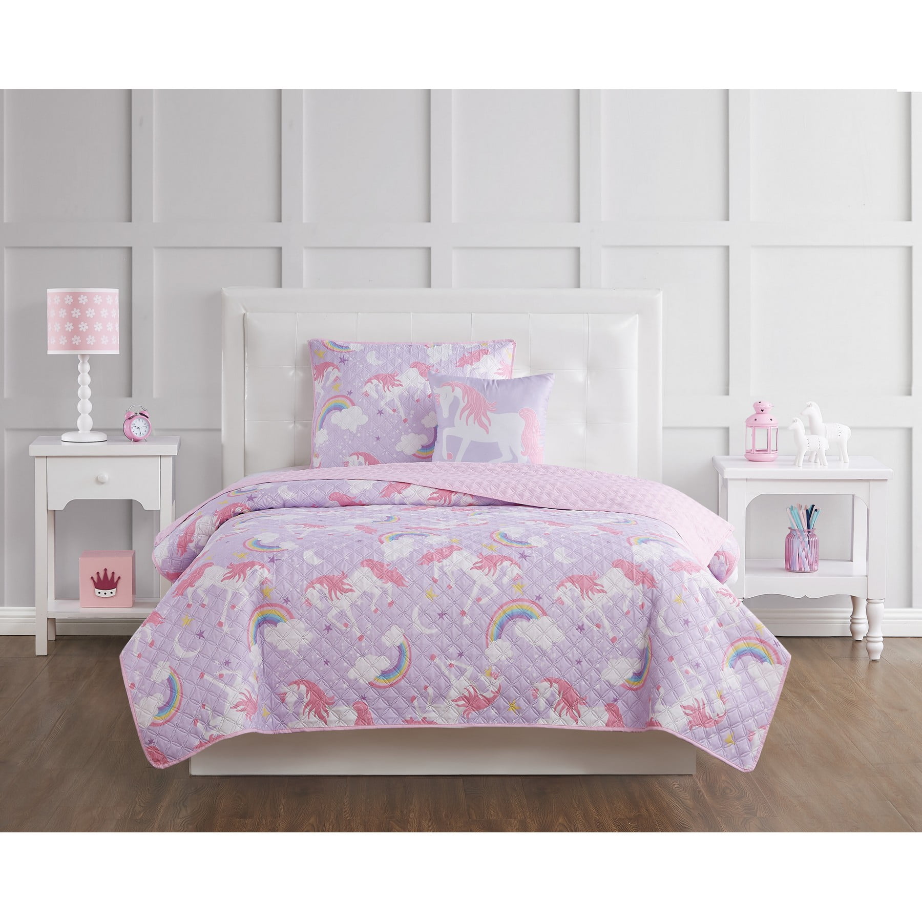 Purple Twin Unicorn and Rainbow Microfiber Quilt Set