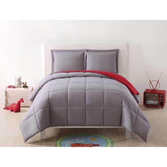 My World Solid Grey and Red Reversible 3 Piece Full / Queen Comforter Set