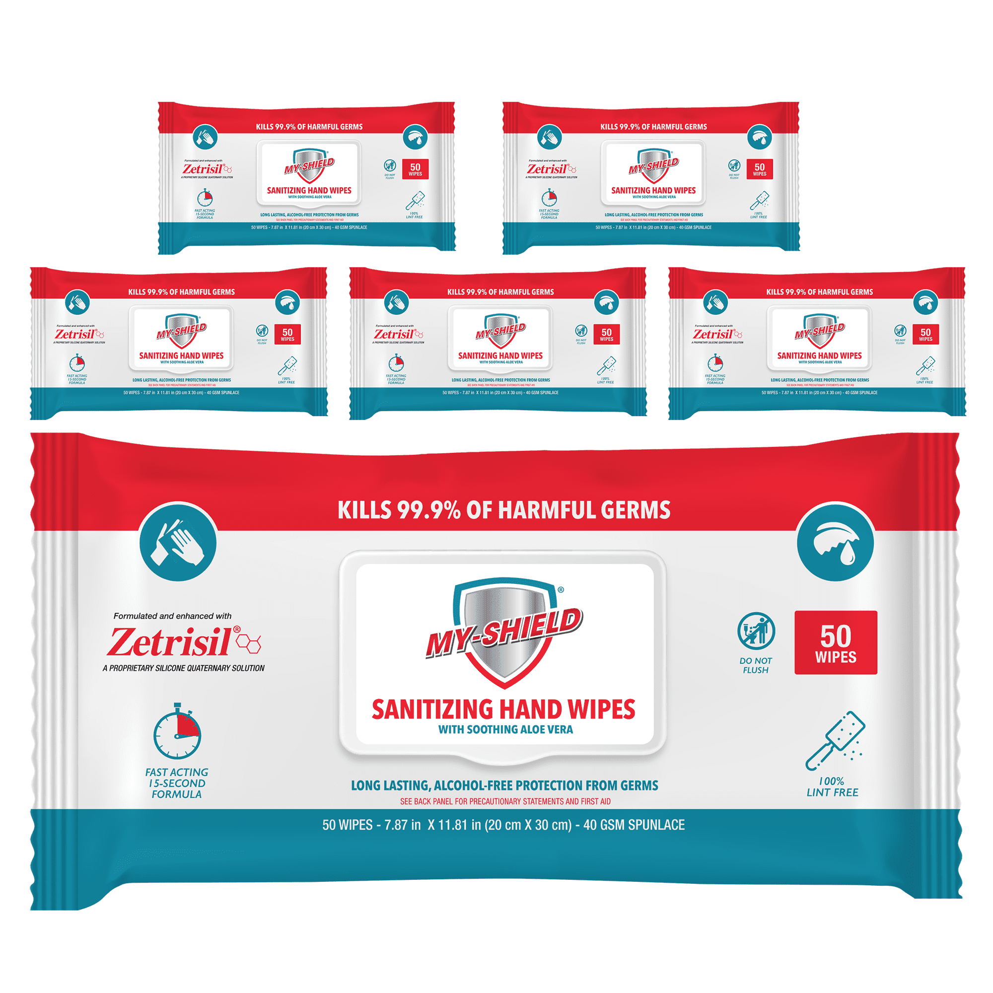 My-shield Sanitizing Hand Wipes w/Zetrisil - 50ct, Alcohol FREE (6-Pack) FDA Registered