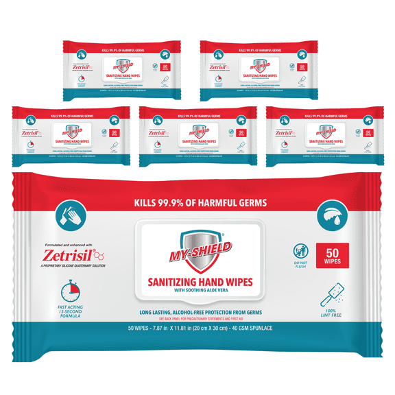 My-shield Sanitizing Hand Wipes w/Zetrisil - 50ct, Alcohol FREE (6-Pack) FDA Registered