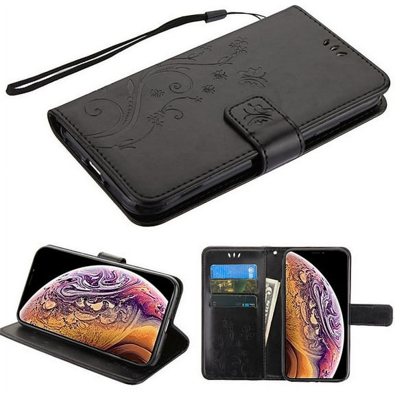 MyBat 3D Butterfly Flower Leather Wallet Case For iPhone XS Max (6.5") Black