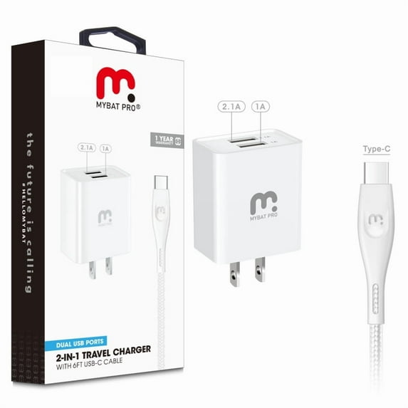 MyBat Pro 2-in-1 Travel Charger with 6ft Type-C USB Cable - White