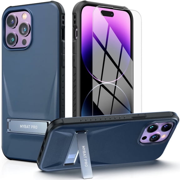 MyBat Pro Beyonder Series Case with Tempered Glass with Kickstand for Apple iPhone 14 Pro Max (6.7) - Dark Blue