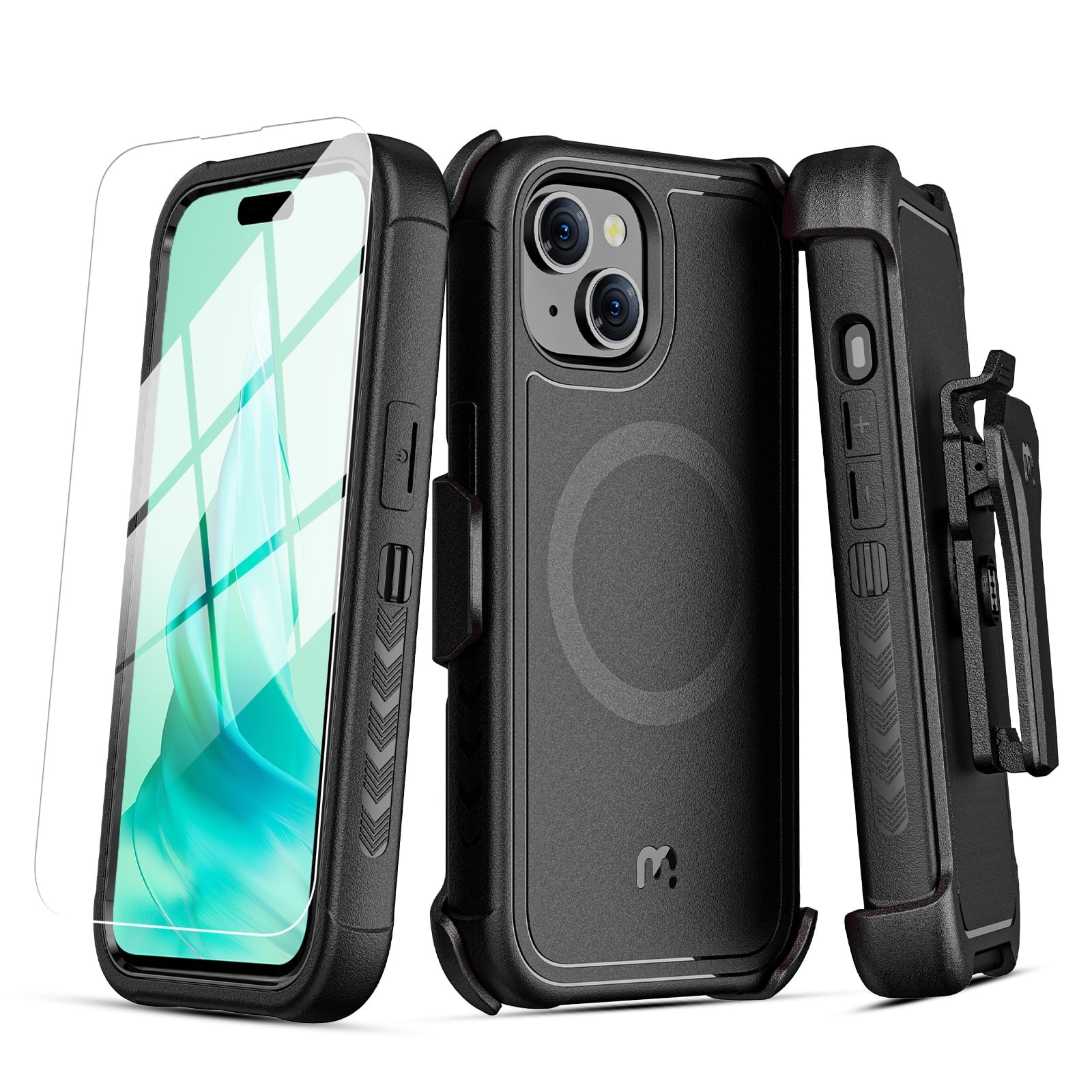 MyBat Pro Maverick Series Case with Holster and Tempered Glass for Apple iPhone 15 (6.1) - Black