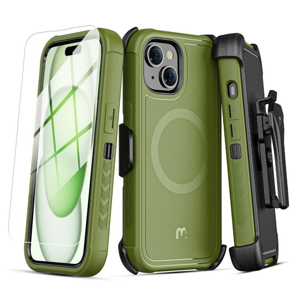 MyBat Pro Maverick Series Case with Holster and Tempered Glass for Apple iPhone 15 Plus (6.7) - Army Green