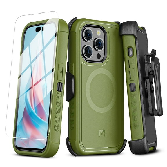 MyBat Pro Maverick Series Case with Holster and Tempered Glass for Apple iPhone 15 Pro (6.1) - Army Green