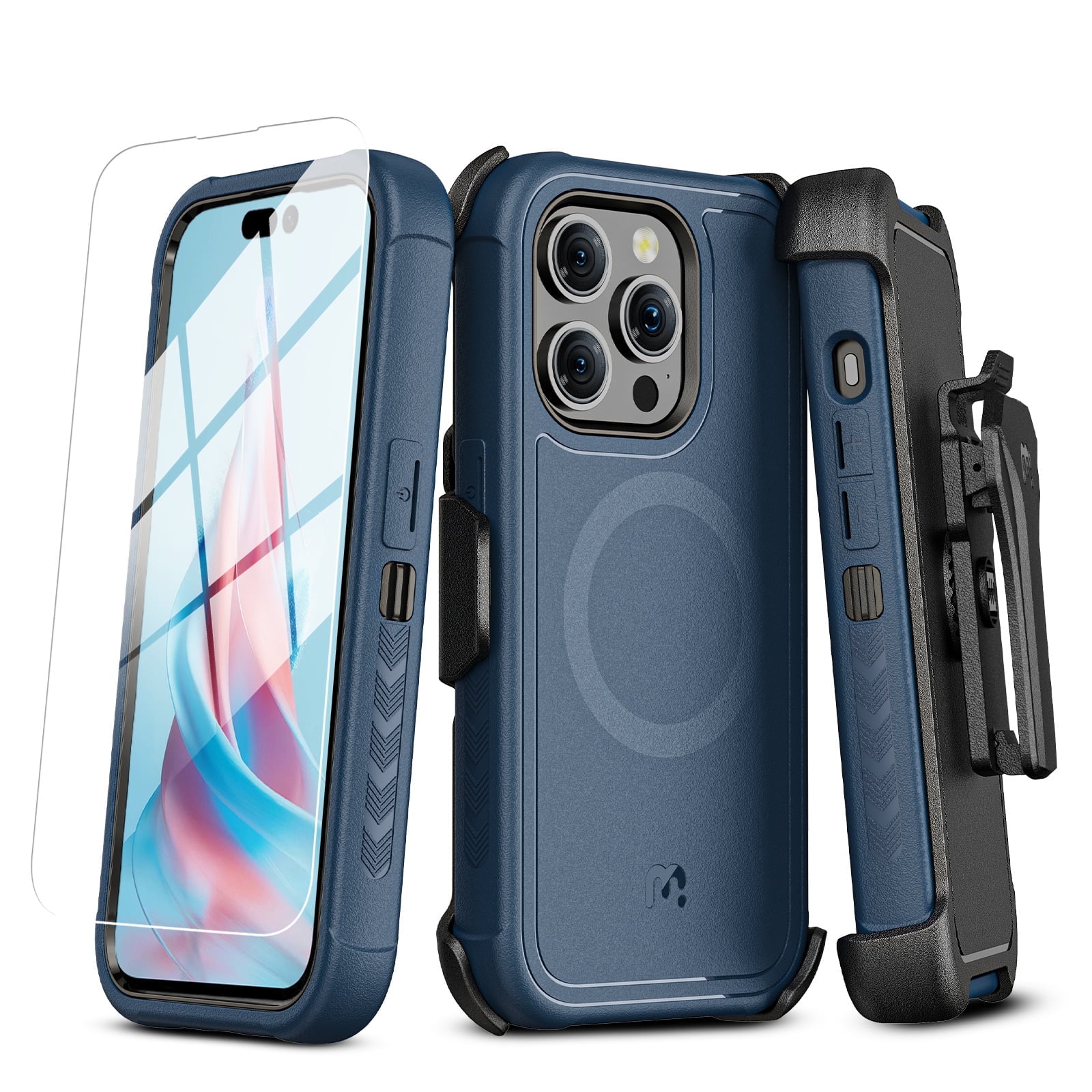 MyBat Pro Maverick Series Case with Holster and Tempered Glass for Apple iPhone 15 Pro (6.1) - Blue