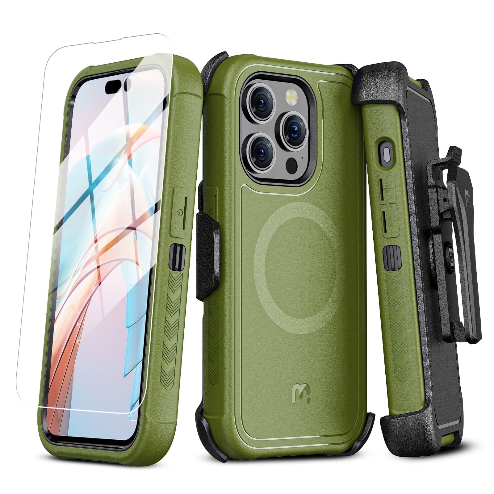 MYBAT PRO Maverick Series Case for iPhone 15 Pro Max , MagSafe Compatible, 360° Rotating Kickstand, Belt Clip Holster & Screen Protector Included, Anti-Drop Shockproof,Army Green