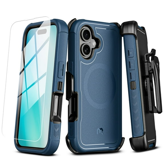 MyBat Pro Maverick Series Case with Holster and Tempered Glass for Apple iPhone 16 - Blue