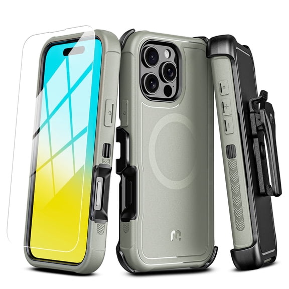 MyBat Pro Maverick Series Case with Holster and Tempered Glass for Apple iPhone 16 Pro - Gray