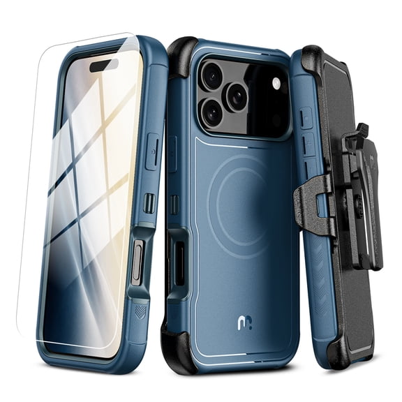 MyBat Pro Maverick Series Protective Case for iPhone 18 Pro Max with Belt Clip Holster, MagSafe Compatible, Screen Protector, Rotating Kickstand, Blue