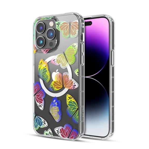 MyBat Pro Mood Series MagSafe Case for Apple iPhone 14 Pro Max (6.7) - Neon Butterflies Stylish Glitter Shockproof Protective Cover for Women Girls Cute Phone Case