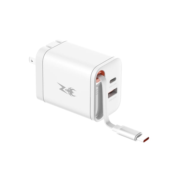 MyBat Pro PowerSurge 40W+ Dual-Port GaN Charger with Retractable USB-C Cable - White