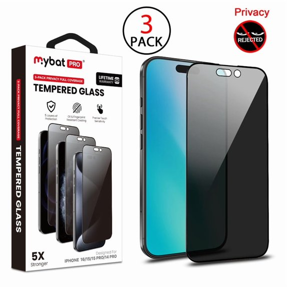 MyBat Pro Privacy Full Coverage Tempered Glass Screen Protector (3-pack) for Apple iPhone 16 / 15 (6.1) / 15 Pro (6.1) / 14 Pro (6.1) - Black