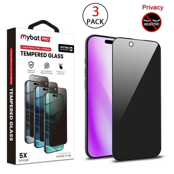 MyBat Pro Privacy Full Coverage Tempered Glass Screen Protector (3-pack) for Apple iPhone Air - Black