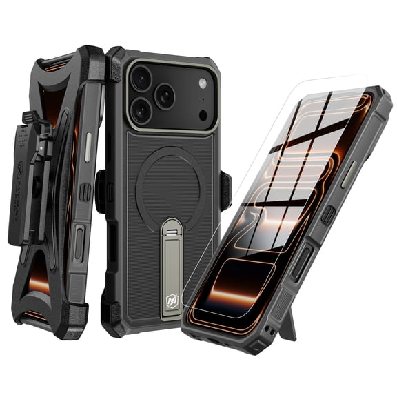 MyBat Pro Renegade Series Case for iPhone 18 Pro Max / 17 Pro Max with 360° Locking Kickstand and Belt Clip Holster - Black