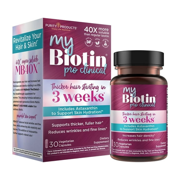 MyBiotin ProClinical w/ Astaxanthin - Purity Products - Thicker Hair Starting in just 3 Weeks - Patented Biotin Matrix - 40x More Soluble Than Ordinary Biotin - Hair, Skin & Nails - 30 Veggie Caps